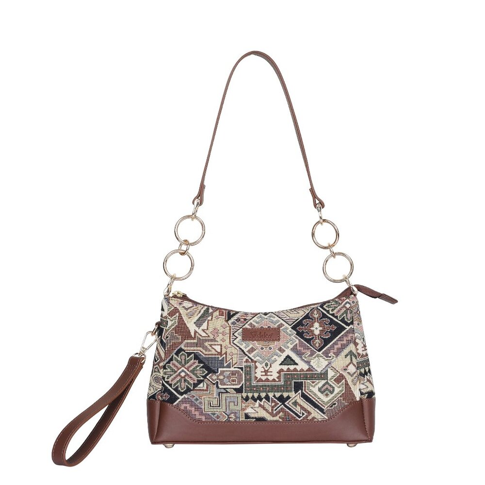 Women’s Geometric Pattern Tapestry Fabric Sling Shoulder Bag, Satchel Purse